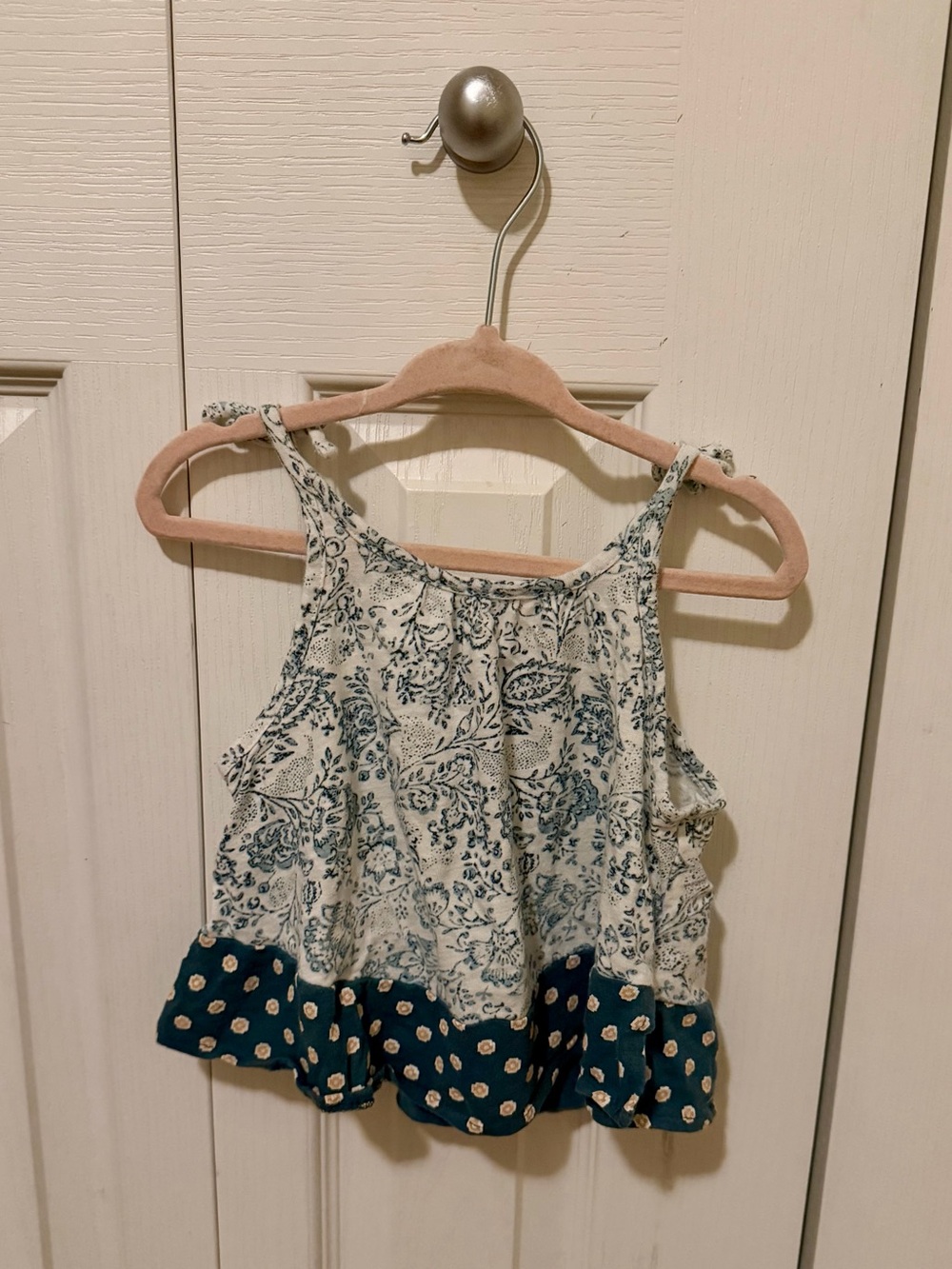 Old Navy Cream Floral Tank with Teal Polka Dot Ruffle